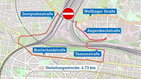 Auf einer Karte von Kassel ist die Umleitungsstrecke eingezeichnet, die man wegen einer Brückensperrung nehmen muss