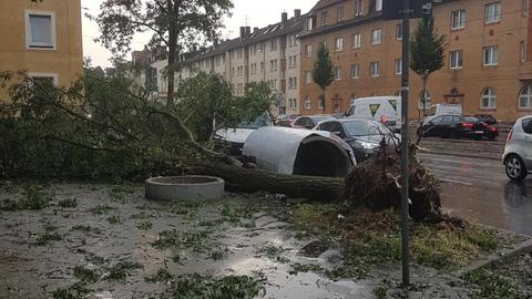 Ein Baum liegt nach den schweren Untwettern entwurzeklt auf dem Gehweg in Kassel.