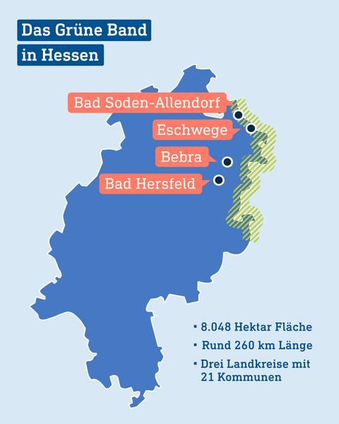 Auf einer Karte von Hessen ist am östlichen Rand eingezeichnet, wo das grüne Band verläuft und welche Städte in der Nähe sind.