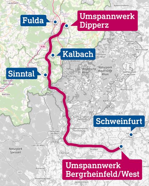 Die Grafik zeigt auf einer Karte, die Ausschnitte von Hessen und Bayern darstellt, einen Streckenverlauf.