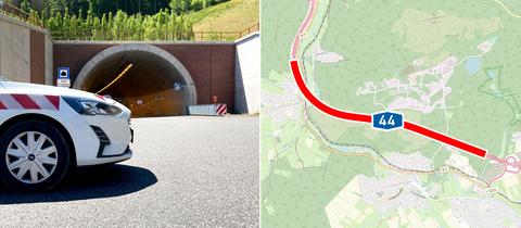 Bildkombination: links Ein Einsatzwagen der Autobahn GmbH parkt vor dem Eingang des Tunnels Hirschhagen auf der Autobahn A44. Rechts daneben eine Karte, auf welcher der Tunnel lokalisiert ist.