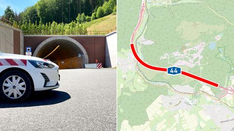 Bildkombination: links Ein Einsatzwagen der Autobahn GmbH parkt vor dem Eingang des Tunnels Hirschhagen auf der Autobahn A44. Rechts daneben eine Karte, auf welcher der Tunnel lokalisiert ist.