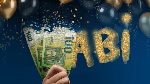 Collage aus Geldscheinen, die sich auflösen und einem goldenen Schriftzug "ABI". Drumherum viel Glitter und Luftballons.