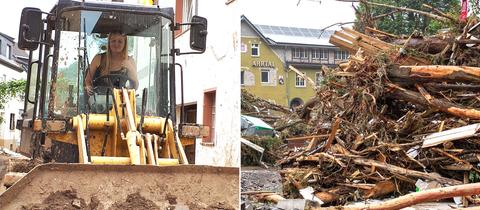 Kombo mit Baggerfahrerin in Straße und Schadensbild mit Müll nach Flut