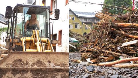 Kombo mit Baggerfahrerin in Straße und Schadensbild mit Müll nach Flut