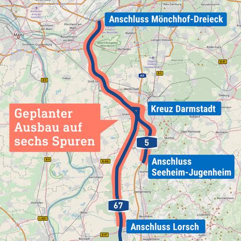 Karte von der Region in Südhessen zwischen Lorsch und Frankfurt. Eingezeichnet sind die Autobahnen 67 und 5 und der Bereich, der auf sechs Spuren ausgebaut werden soll.