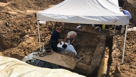 Drei Männer arbeiten in einer ärchaolischen Grube, die mit einem Zelt überdeckt ist. 