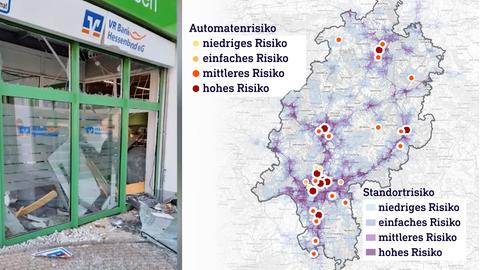Foto-Kombo mit einer gesprengten Bankfiliale (links) und einer Hessenkarte mit eigenzeichneten Risikofaktoren für Automatensprengungen. 