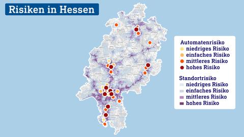 Hessenkarte, in welche farbige Punkt und farbige Flächen eingezeichnet sind. Daneben eine Legende, welche die Farben erklärt.