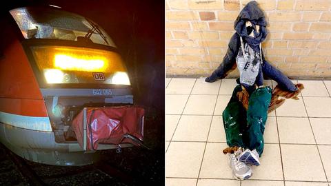 Bildkombination aus einer Bahnlok von vorn und einer Puppe, bekleidet mit echten Kleidern und Schuhen, wie sie auf dem Boden liegt.