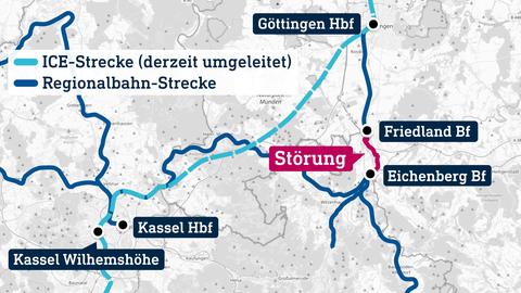 Die Karte zeigt die Bahnstrecken zwischen Kassel und Göttingen und den Ort der Störung.