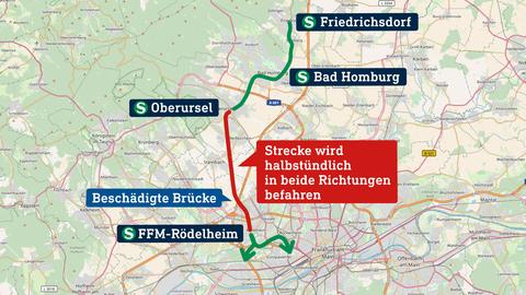 Die Grafik zeigt eine Karte der Region Frankfurt, in welcher die S-Bahn-Strecke Rödelheim-Oberursel rot markiert ist. Daneben der Text "Strecke wird in beide Richtungen halbstündlich befahren".