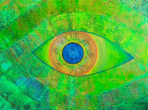 Ein in grün gehaltenes Kunstwerk der Küntlerin Uta Ewald aus Südhessen. In der Mitte ist ein großes, offenes Auge zu sehen. 