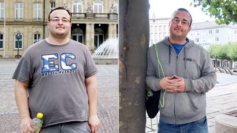 Zwei Fotos nebeneinander: Nicoas Kesting mit viel Volumen, wie er auf einem städtischen Platz steht. Rechts daneben, Nicolas Kesting, wie er mit weniger Volumen an einen Baum lehnt.