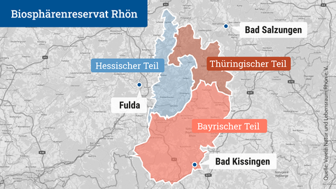 Die Karte zeigt die Verortung des Biosphärenreservat Rhön mit seinem hessischen, thüringischen und bayrischen Teil.