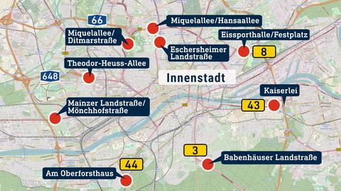 Karte von Frankfurt mit neuen roten Punkten, die die Stellen markieren, an denen Aktivisten die Straßen blockiert haben.