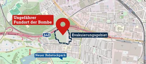 Karte, auf welcher Fundort und Evakuierungsradius eingezeichnet sind.