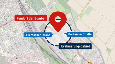 Karte von Friedberg mit Verortung des ungefähren Bombenfundorts und Straßennamen "Fauerbacher Straße" und "Dorheimer Straße".