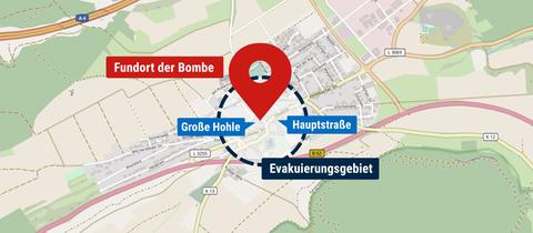 Karte von dem Ort Friedewald mit Verortung der Bombe in der Großen Hohle 4 und Evakuierungsradius.