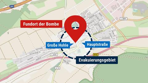 Karte von dem Ort Friedewald mit Verortung der Bombe in der Großen Hohle 4 und Evakuierungsradius.