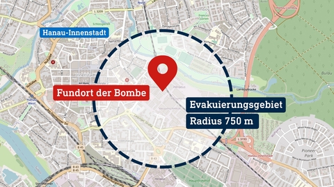 Karte von Hanau mit Verortung des Bombenfundorts und der Evakuierungszone.