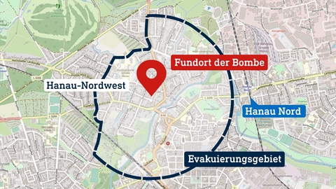 Karte vom Stadtteil Hanau-Nordwest mit Verortung des Bombenfundorts.