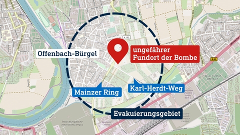 Karte von Offenbach Bürgel mit Verortung des Bombenfundorts.