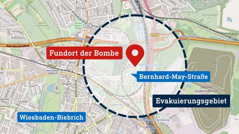 Karte von Petersberg mit Verortung des ungefähren Bombenfundorts und Evakuierungsradius.
