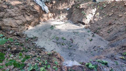 Grube im Waldboden, gefüllt mit Wasser und Sand.