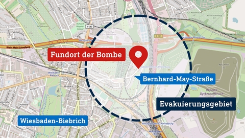 Karte von Wiesbaden-Biebrich mit Verortung des Bombenfundorts und der Evakuierungszone.