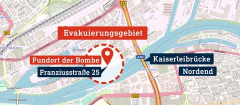 Karte mit Bombenfund und Evakuierungsgebiet, neu