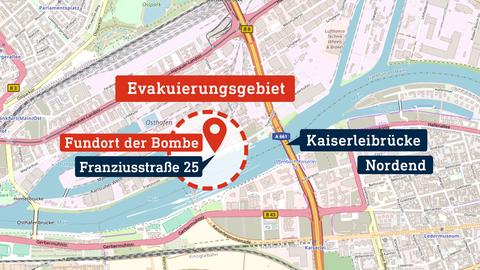 Karte mit Bombenfund und Evakuierungsgebiet, neu