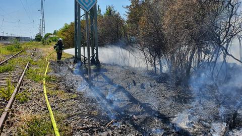 Ein Feuerwehrmann löscht einen Flächenbrand neben einer Bahnstrecke.