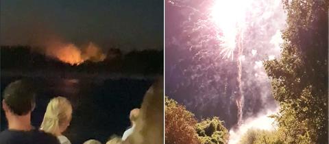Bildkombination: links, Menschen sehen einen Waldbrand in der Ferne, rechts Menschen und Feuerwehrleute auf einem Waldweg während eines Feuerwerks