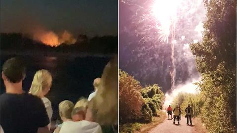 Bildkombination: links, Menschen sehen einen Waldbrand in der Ferne, rechts Menschen und Feuerwehrleute auf einem Waldweg während eines Feuerwerks