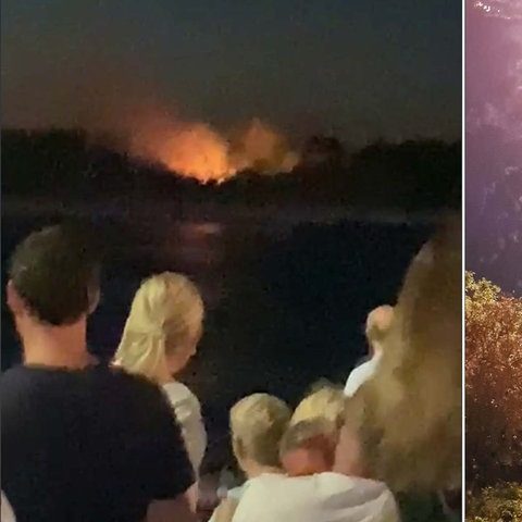 Bildkombination: links, Menschen sehen einen Waldbrand in der Ferne, rechts Menschen und Feuerwehrleute auf einem Waldweg während eines Feuerwerks