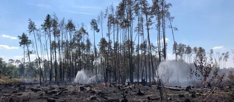 Die Feuerwehr hält den Boden mit Wassersprinklern feucht.