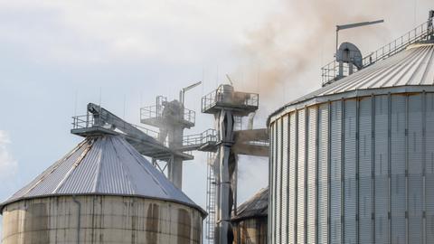 Rauch kommt aus dem Silo eines Sägewerks.