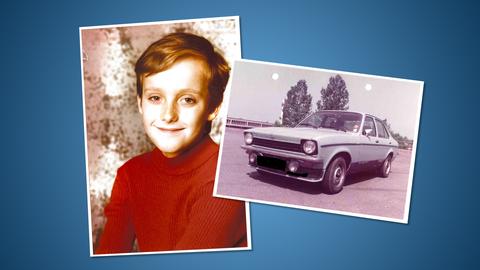 Collage mit zwei Fotos: links ein Portrait eines 13-Jährigen und rechts ein S/W-Foto eines Kadetts. Beide in einer 1980er-Jahre-Ästhetik,  angeordnet leicht schräg auf blauem Hintergund mit hellerem Bereich in der Mitte.
