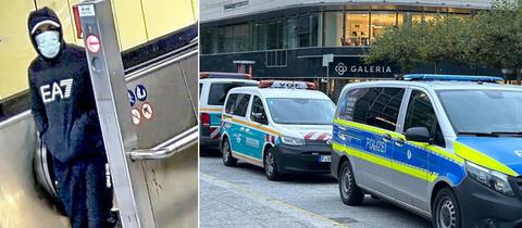 Links eins der von der Polizei veröffentlichten Fahndungsbilder, rechts Einsatzfahrzeuge an der Hauptwache.