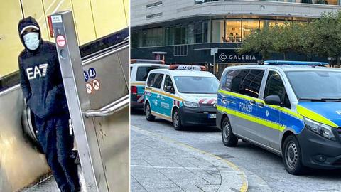 Links eins der von der Polizei veröffentlichten Fahndungsbilder, rechts Einsatzfahrzeuge an der Hauptwache.