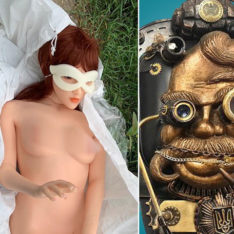 Collage zu kuriosen Polizeimeldungen: Sexpuppe, Dekogegenstand mit Handgranate, Navigationsgerät