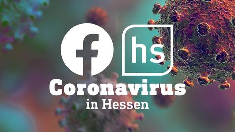 Die Icons von Facebook und hessenschau auf einem Foto eines mikroskopisch vergrößerten Coronavirus.