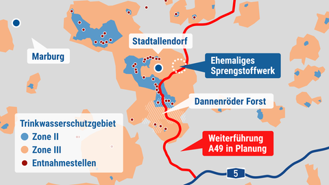 Die Grafik zeigt den Verlauf der geplanten Verlängerung der A49 und die Trinkwasserschutzgebiete, die davon betroffen sind.