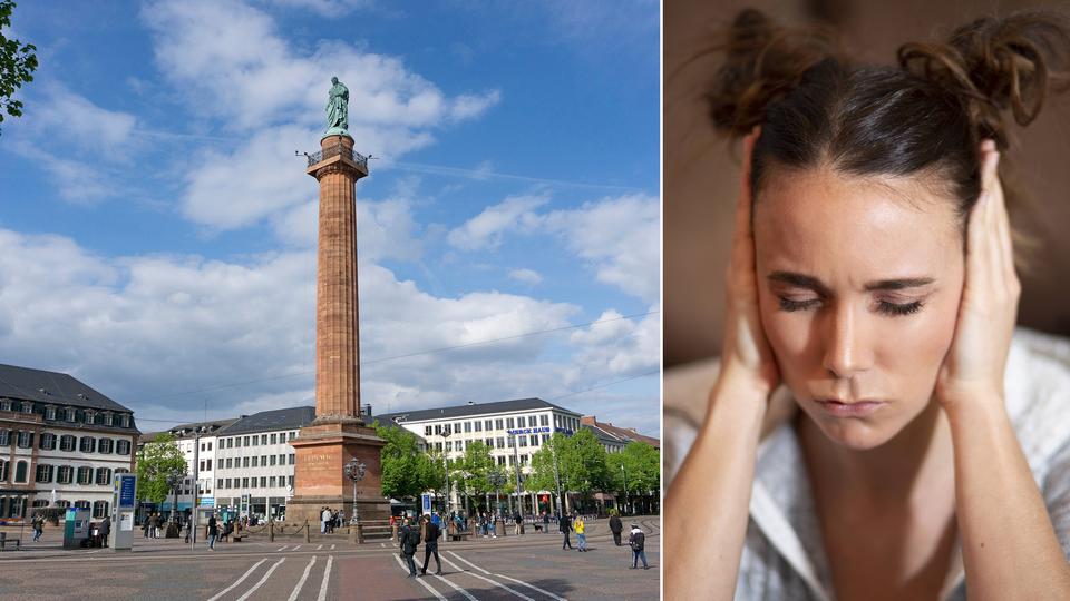 Collage: Luisenplatz in Darmstadt, Frau hält sich Ohren zu