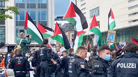 Das Foto gliedert sich in drei Ebenen: ganz vorne viele Polizisten, vor allem von hinten; dahinter - in der Mitte - viele Palästina-Flaggen; ganz hinten Hochhäuser.