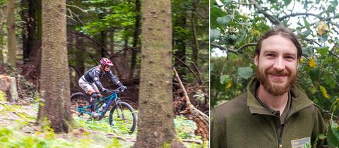Bildkombination: links eine Mountainfahrerin, die quer durch den Wald fährt. Rechts Portrait Lukas Nietsch.