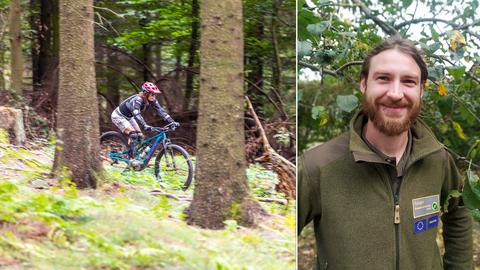 Bildkombination: links eine Mountainfahrerin, die quer durch den Wald fährt. Rechts Portrait Lukas Nietsch.