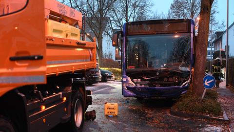 An einen Baum geprallter Linienbus