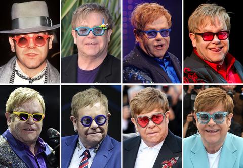 Acht Fotos des Musikers Elton John aus verschiedenen Phasen seines Lebens, auf denen er jeweils unterschiedliche bunte Brillen und Anzüge trägt.